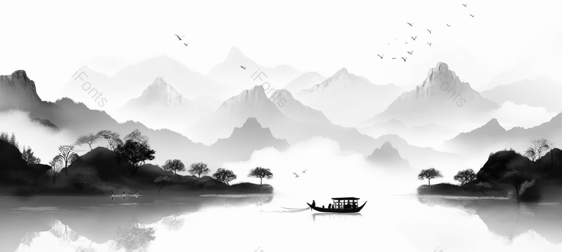 中国风山涧渔船水墨画,插画/手绘图,插画/手绘图库,插画/手绘图下载,插画/手绘
